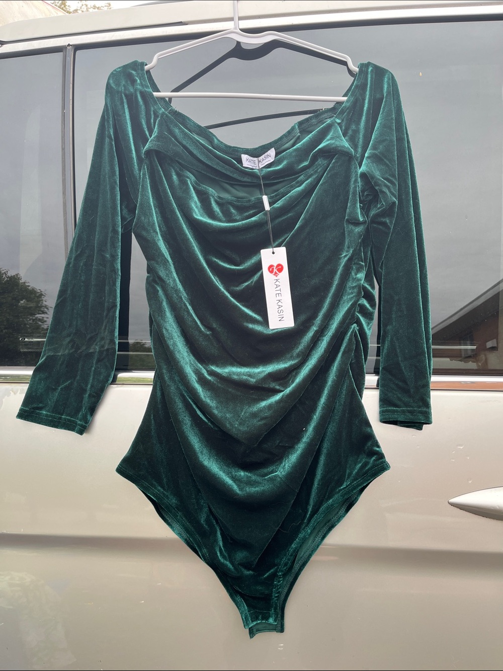 Kate Kasin Emerald Green Velvet Draped Bodysuit